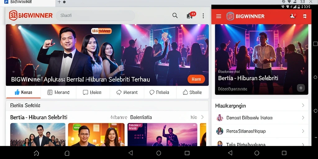 Tampilan antarmuka aplikasi BIGWINNER dengan berita selebriti terkini.
