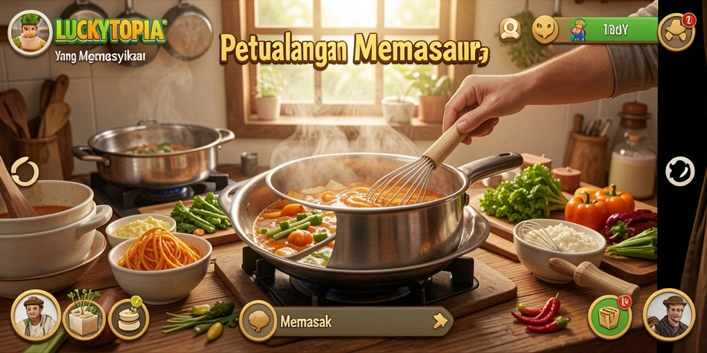 Screenshot antarmuka <strong>LUCKYTOPIA</strong> menampilkan gameplay memasak yang menyenangkan.