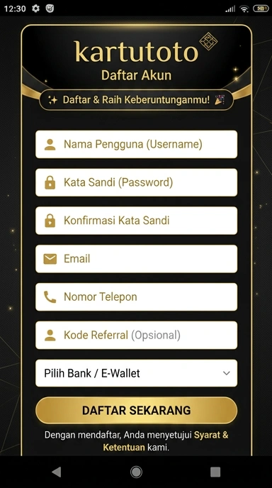 Tampilan halaman daftar kartutoto